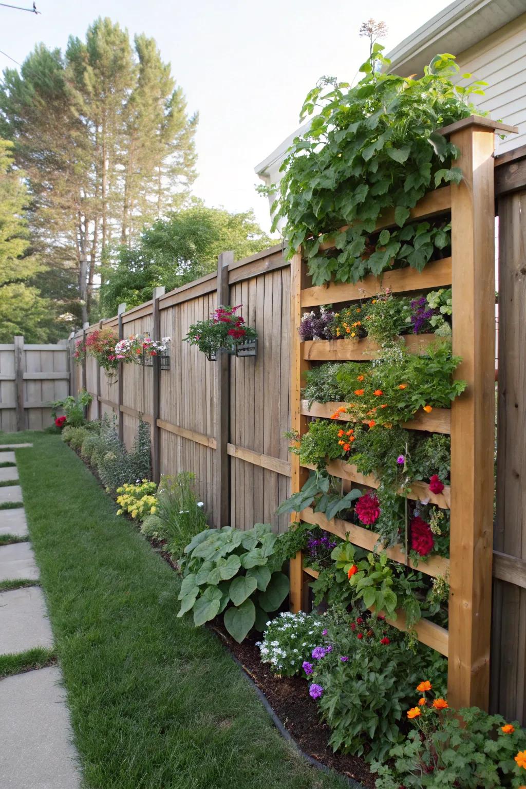 A tiered garden fence infuses greenery and maximizes area.