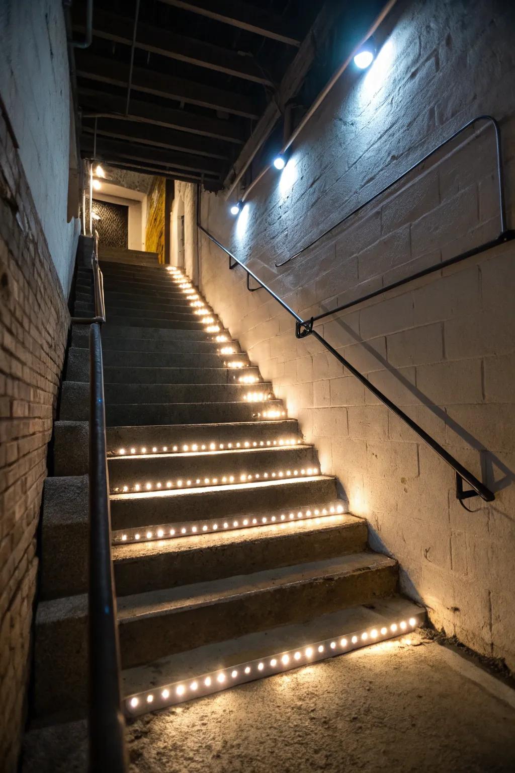 Staircase lights assure safety and style in your basement.