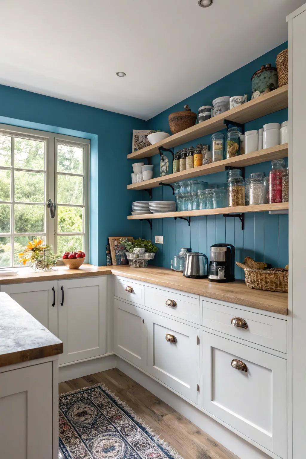 A blue feature wall becomes a focal point in this kitchen.