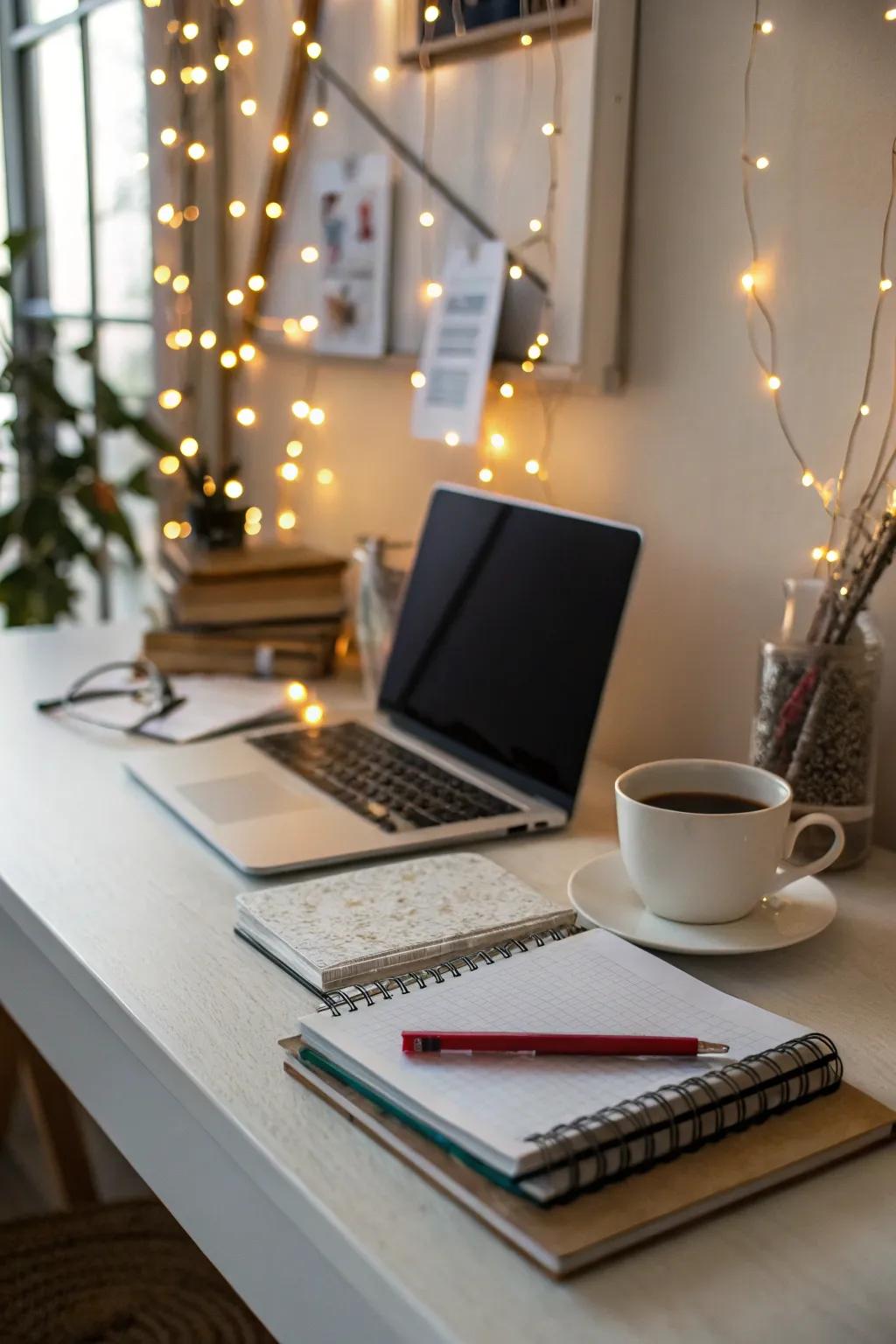 String lights offering a magical glow to the workspace.