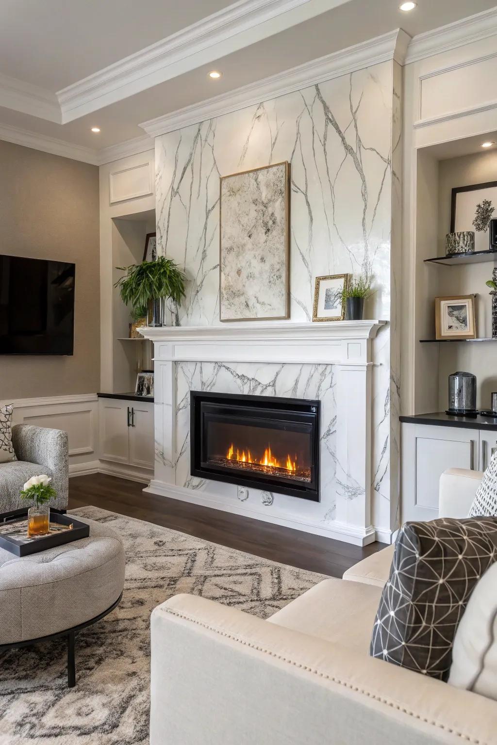 An artificial fireplace exuding elegance with a chic marble finish.