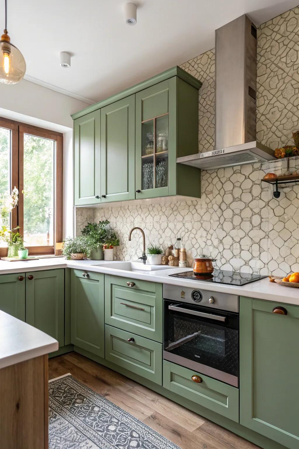 Textured tiles adding richness and flair to a green kitchen setting.