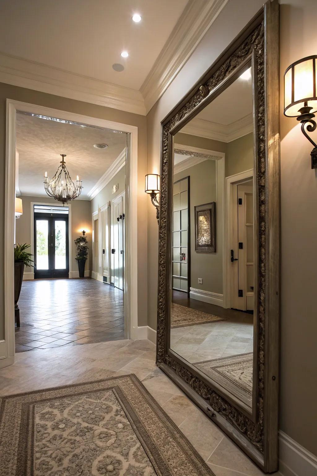 An entryway enhanced by a large mirror that reflects light.