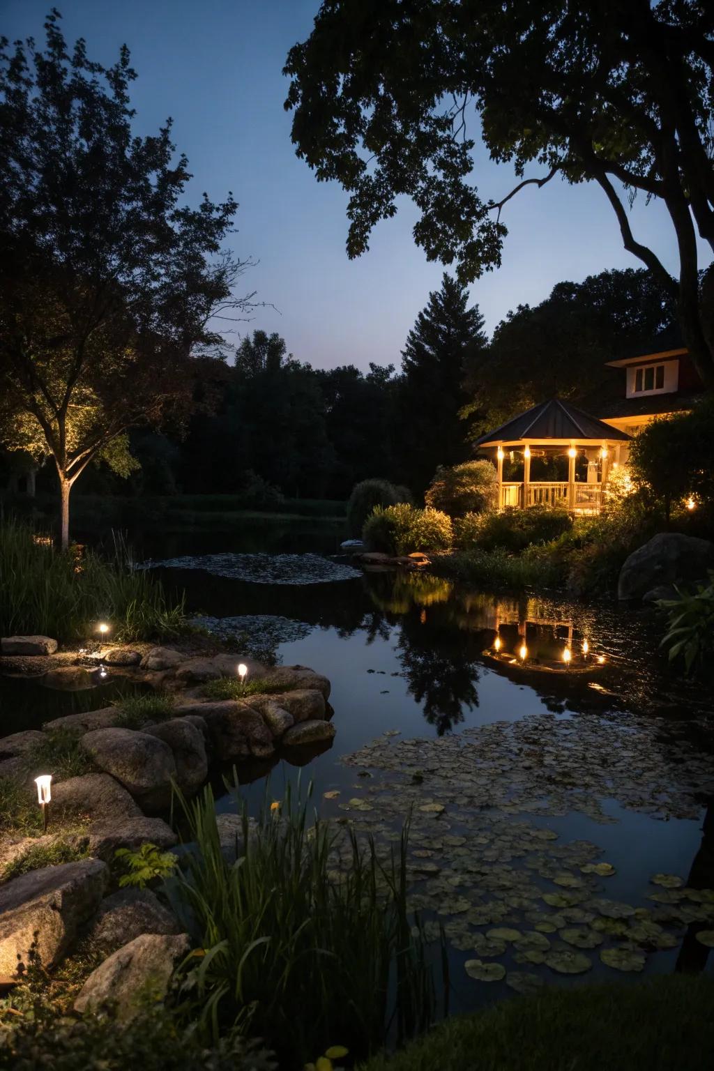 Gentle lighting converting a pond into a bewitching twilight retreat.