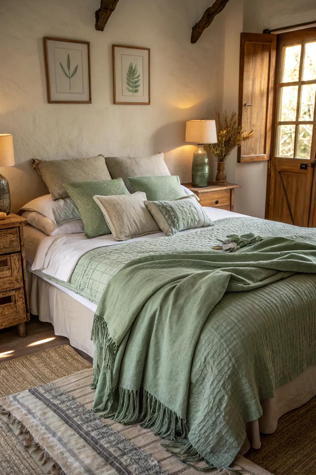 A bedroom featuring layered sage green feels for added warmth.
