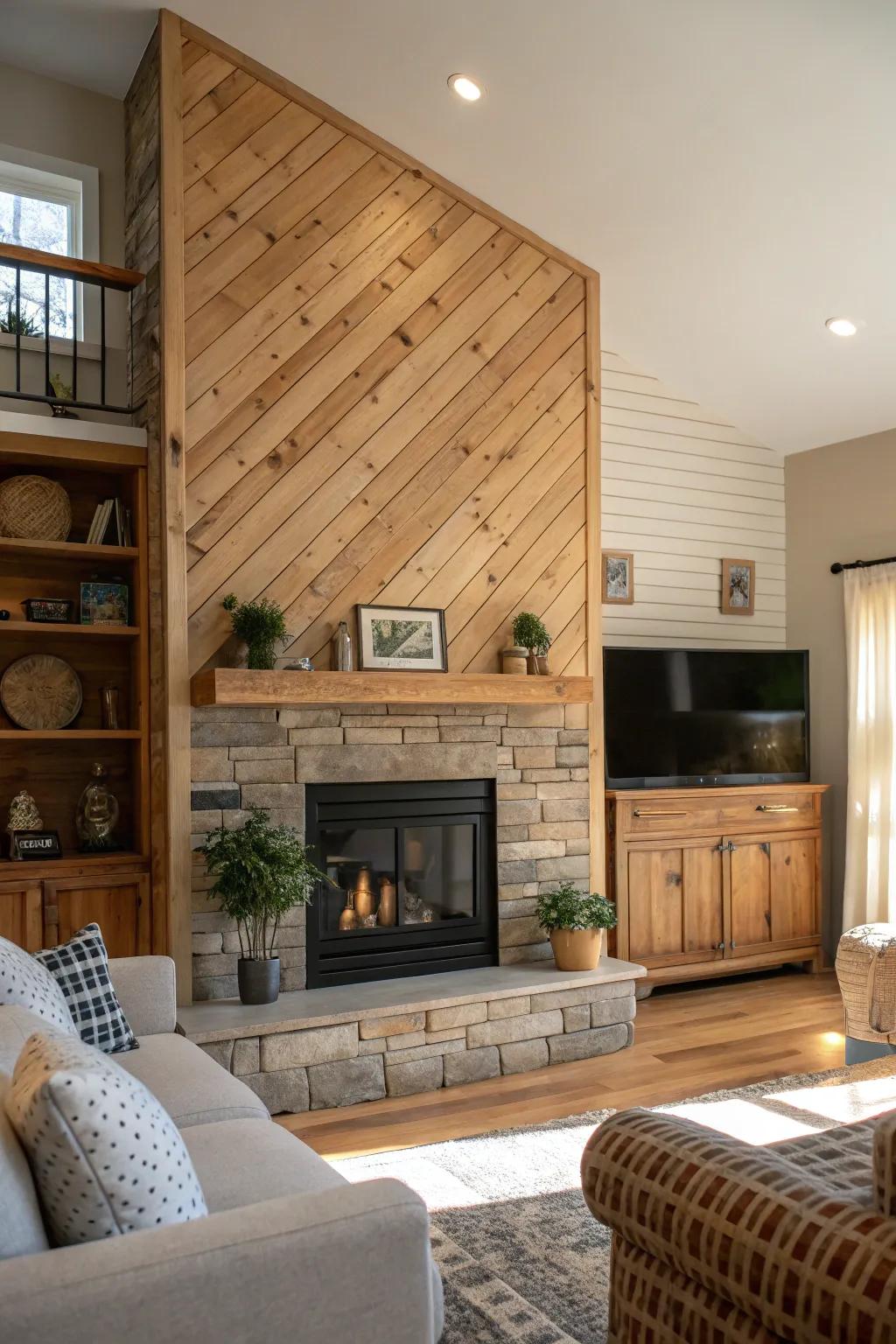 A lounge hearth is encased by a warm, inviting wood plank wall.