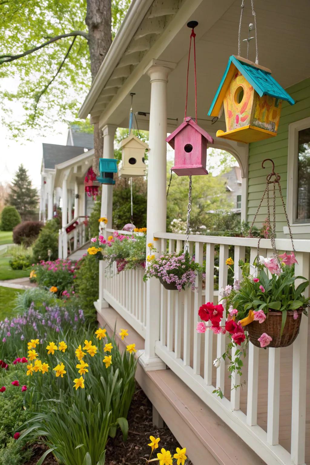 DIY birdhouses bring a whimsical and inviting touch to your porch.