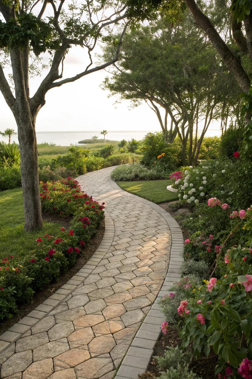 Shellstone pavers impart coastal vibes to your backyard path.