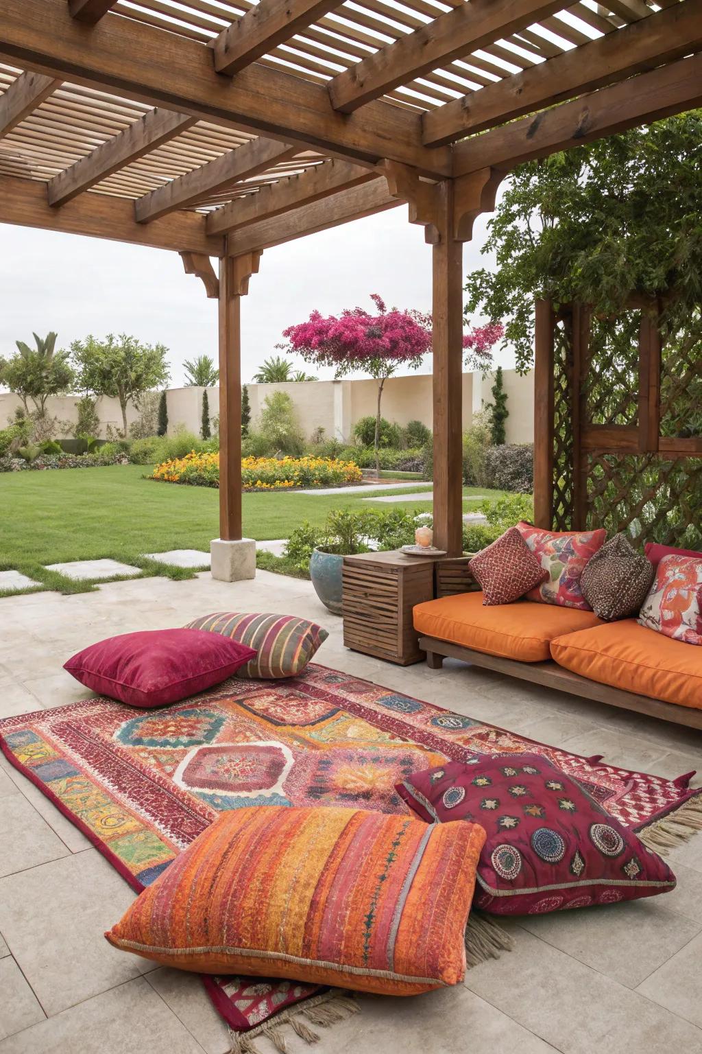 Colorful fabrics bring life to your patio decor.