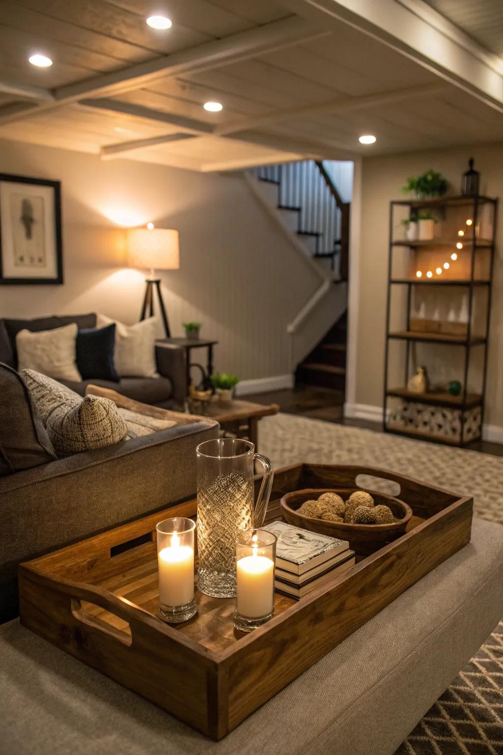 Shelf lighting contributes sophistication and spaciousness to your basement.