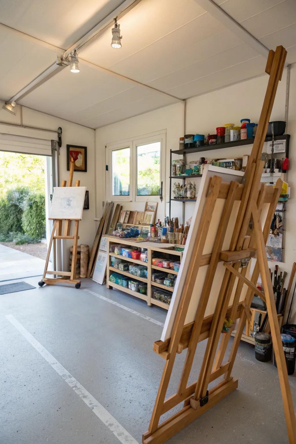 An inspiring art studio setup in the garage.