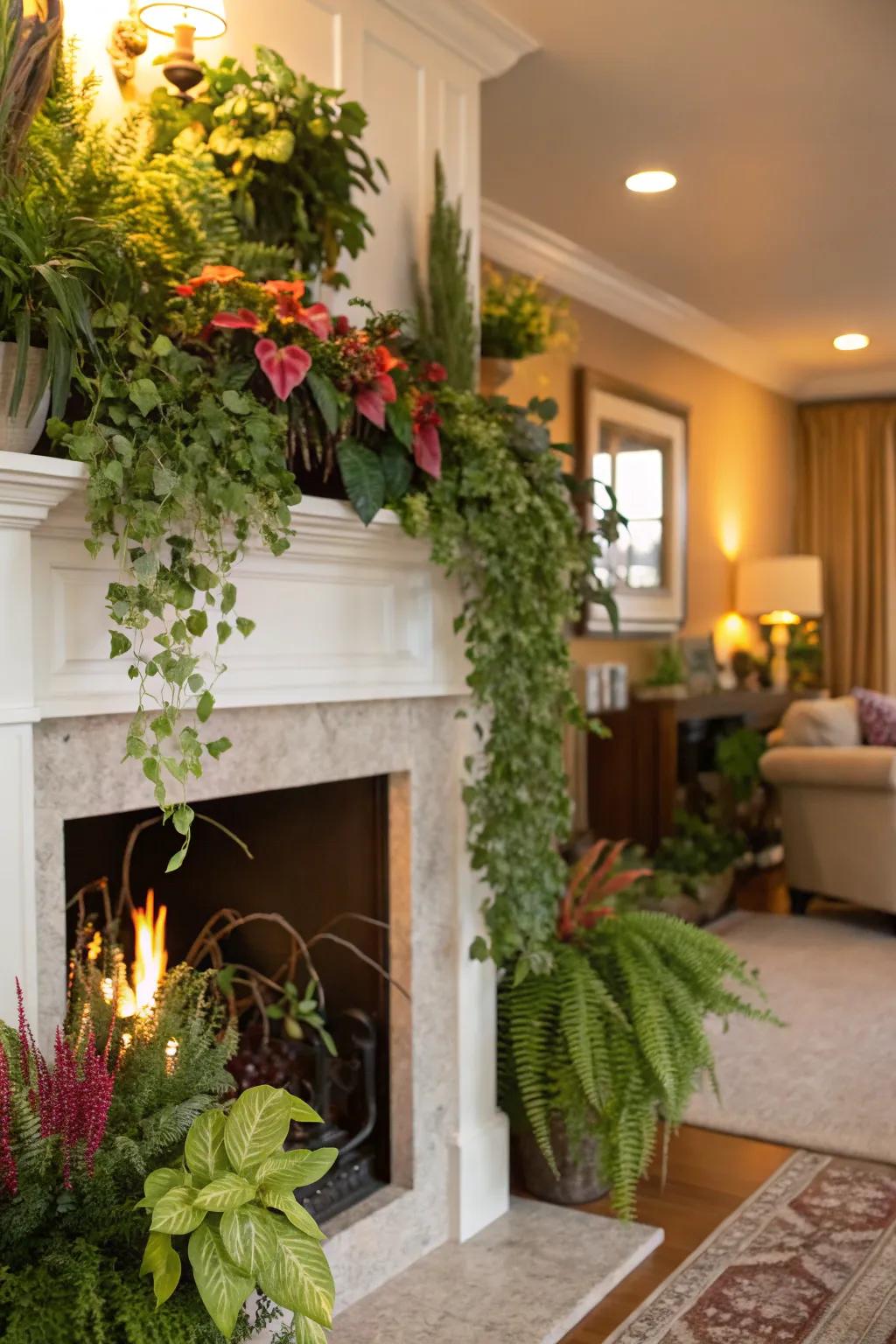 An artificial fireplace bursting with lush greenery for a vibrant touch.