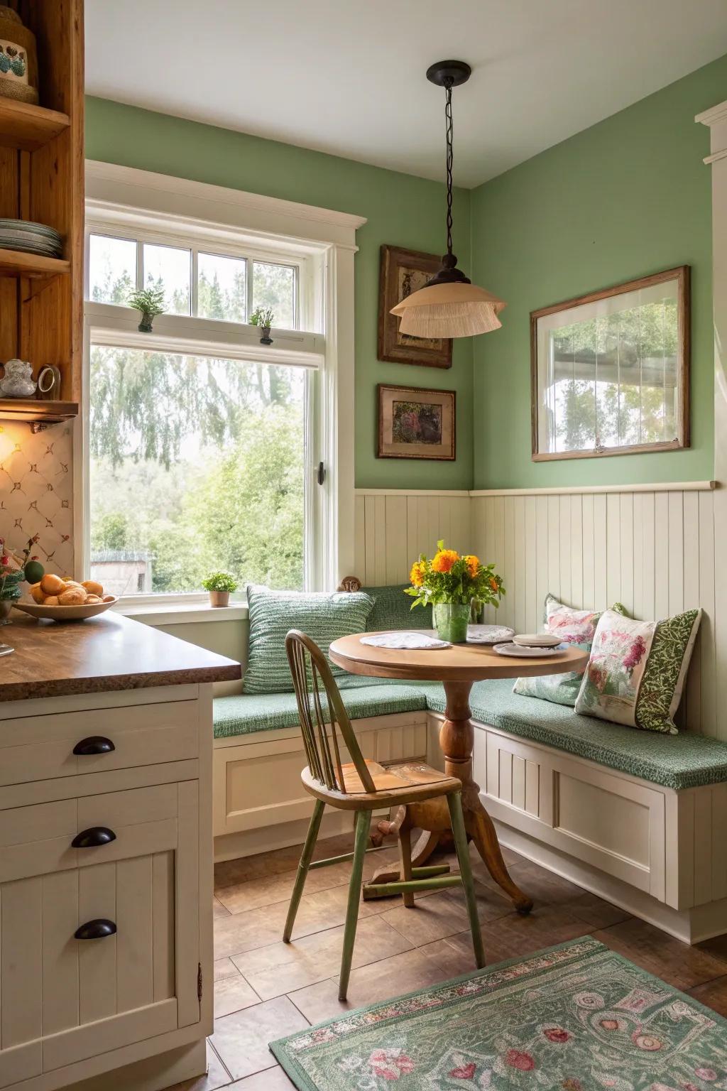 A cozy green breakfast nook offering a serene retreat.
