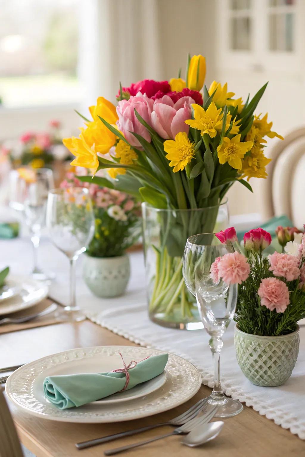 A dining table brightened by floral decor for spring.