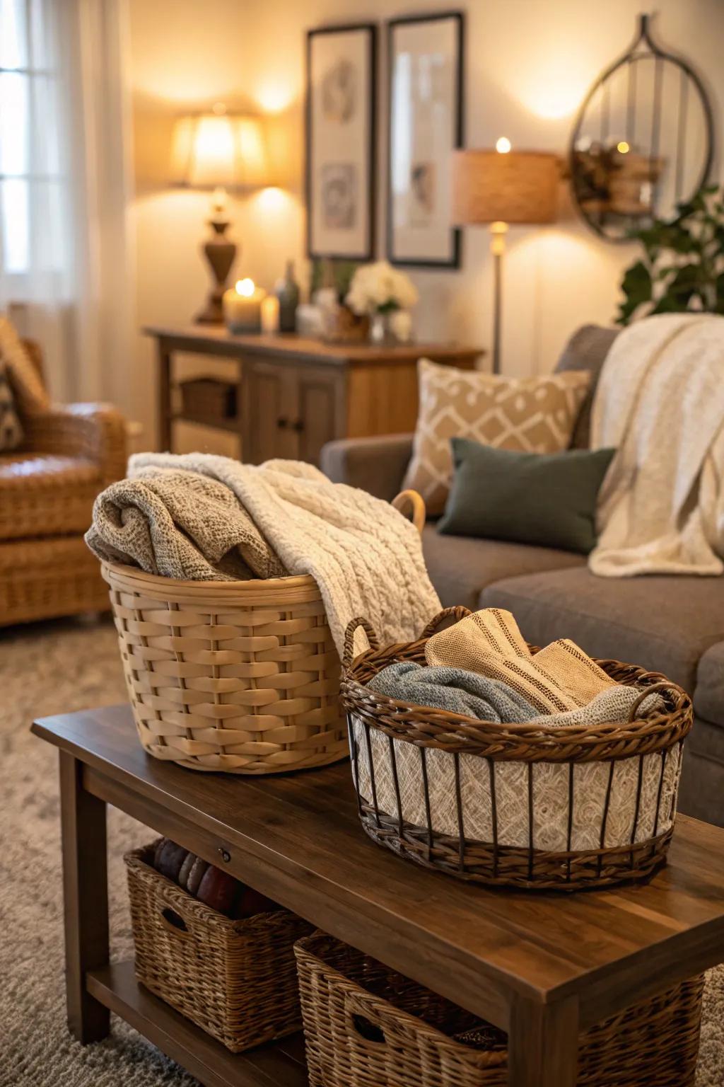 Woven containers filled with blankets add texture and function to the décor.
