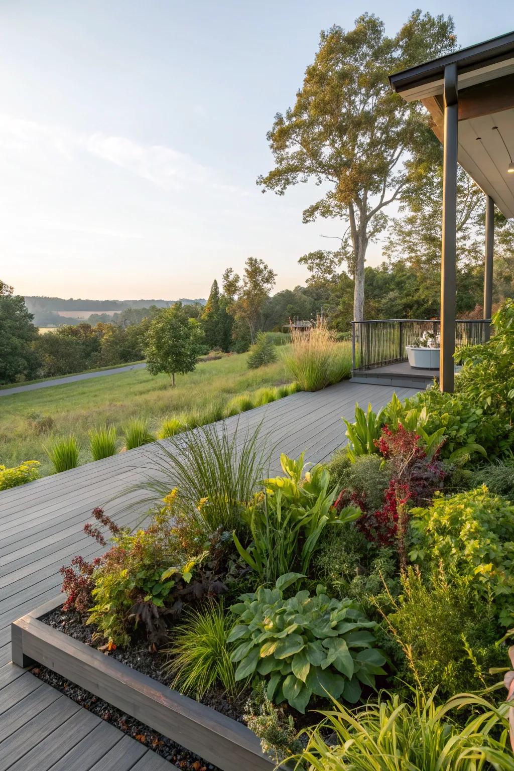 Native plants flourishing around an elevated deck area.