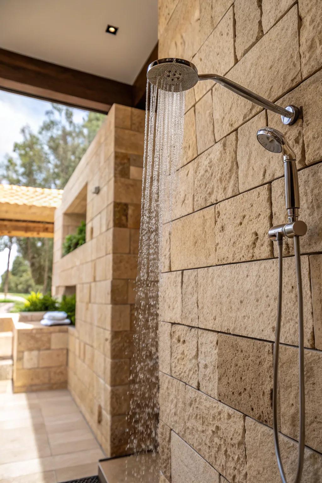 A shower featuring textured rock stones for a soothing, natural vibe.