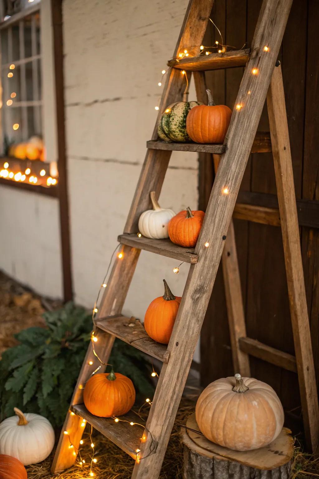 A ladder decorated with round guards and lights creates vertical interest.