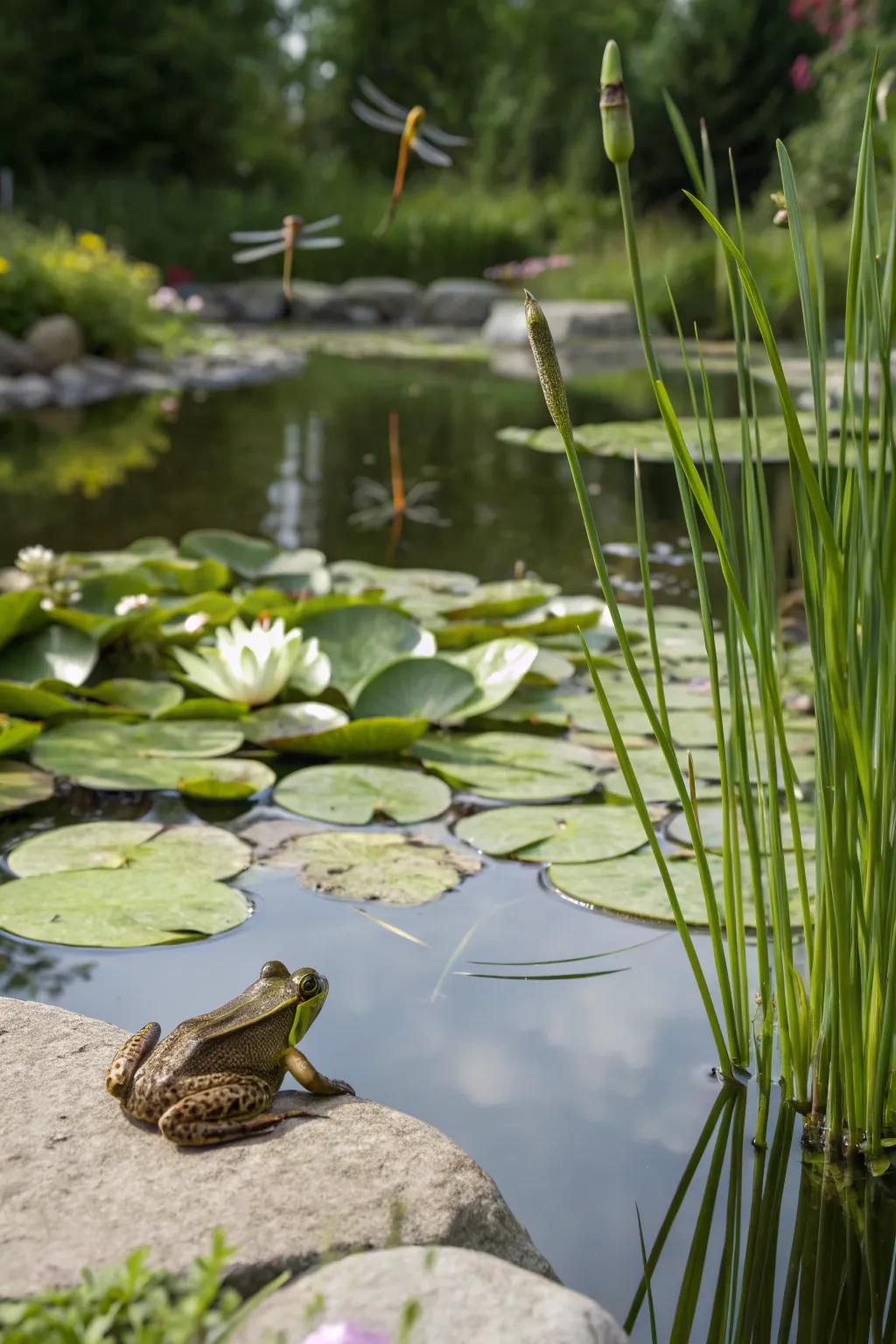 A native habitat pond drawing regional wildlife.
