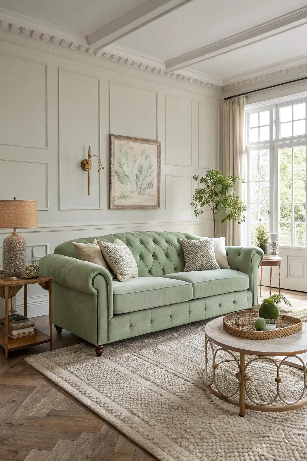 A living room with a bold sage green couch as the focal point.