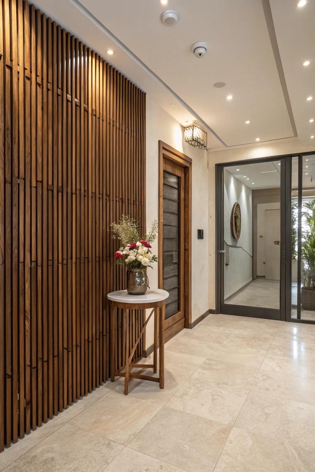 An entrance area displays a chic wood plank wall that creates a great first impression.