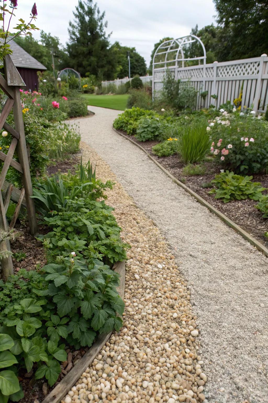Pea gravel fashions a relaxed and welcoming garden path.