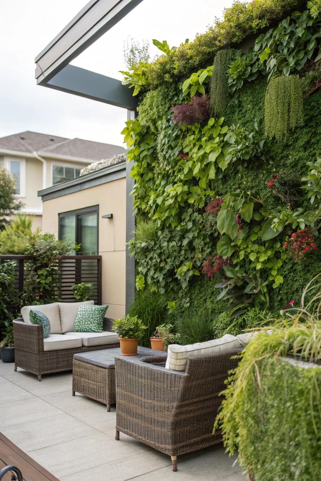 A green wall maximizes space while adding greenery.
