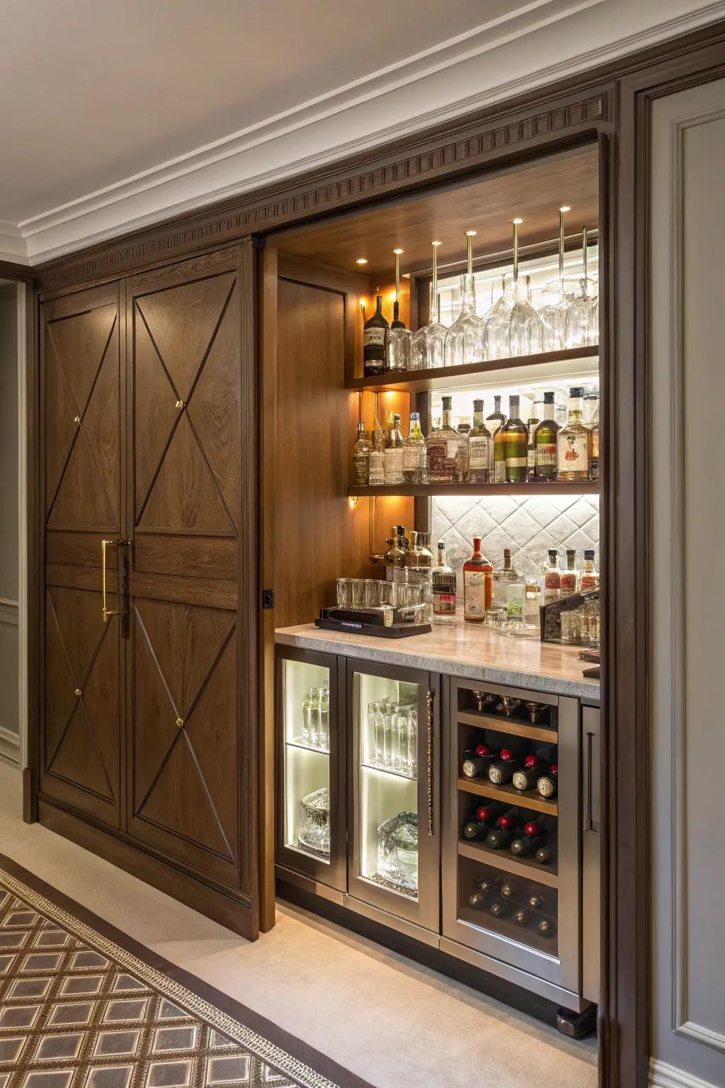 A secret bar adds an element of surprise and elegance.