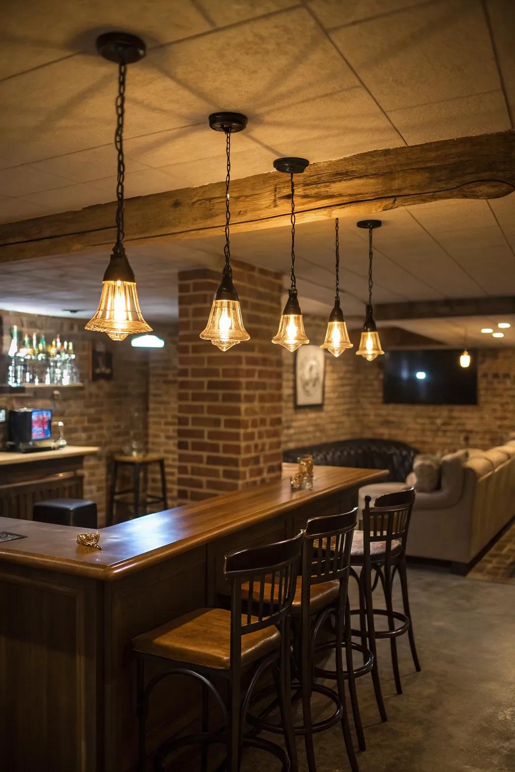 Hanging lights bring an elegant focus to your basement spaces.