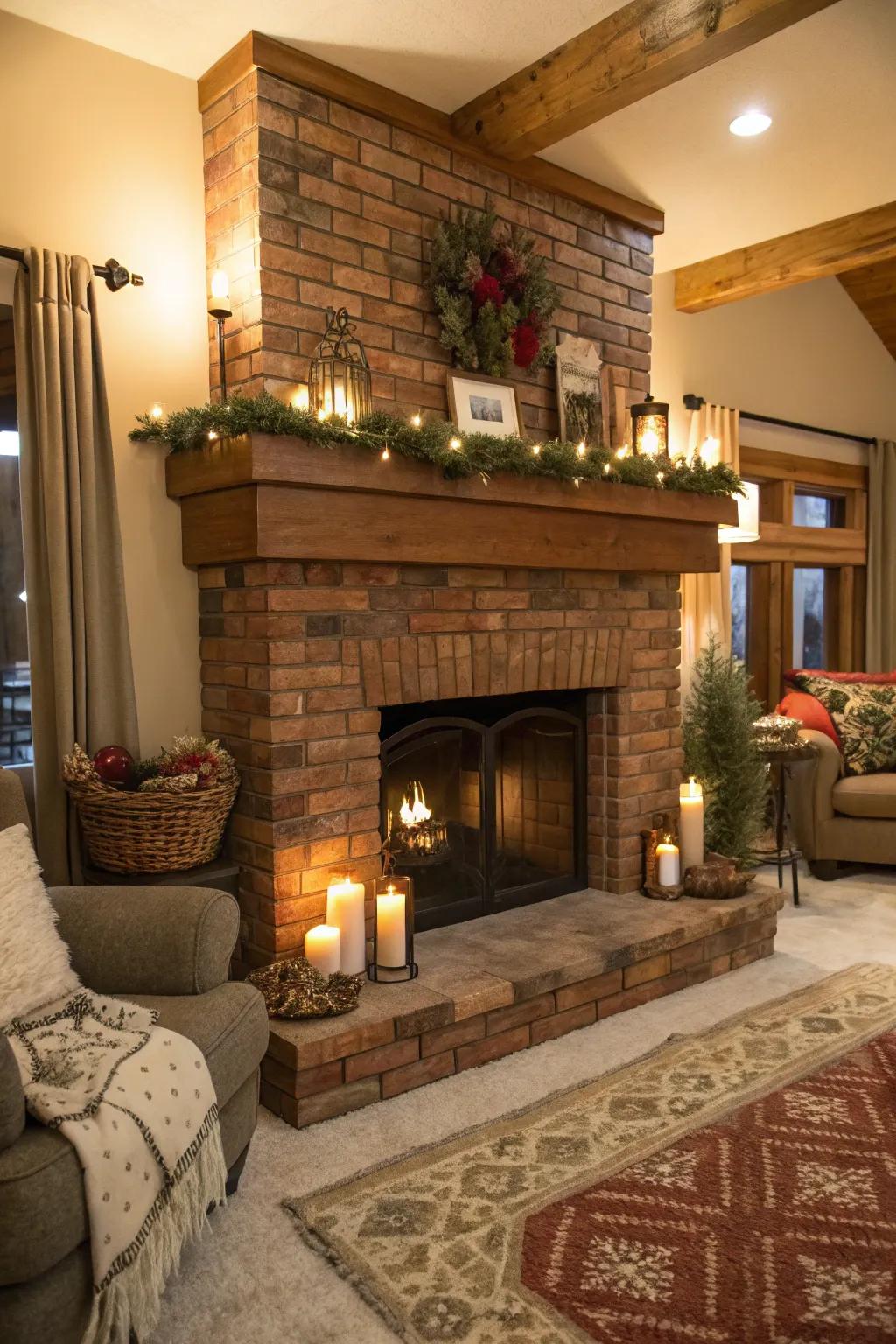 An artificial fireplace with a charming rustic brick facade.