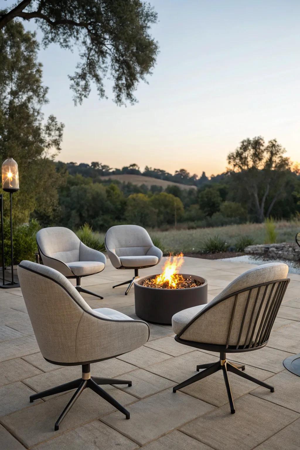 Swivel chairs offer flexibility and fun around the fire.