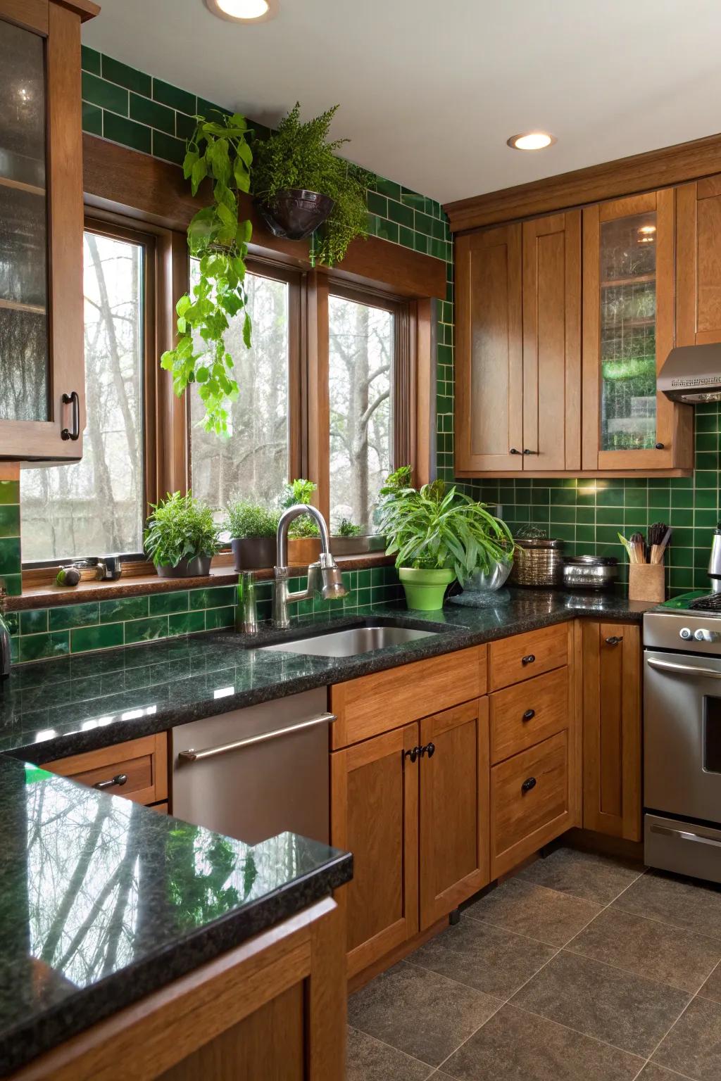 Mixing materials for a vibrant and balanced green kitchen design.