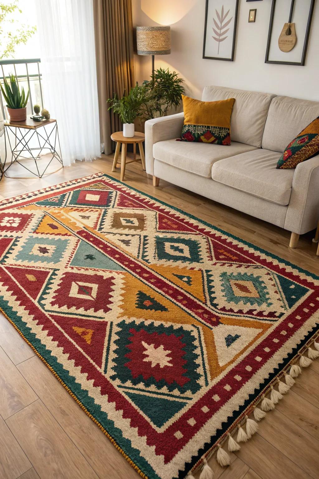 A living space unified by a striking geometric rug.
