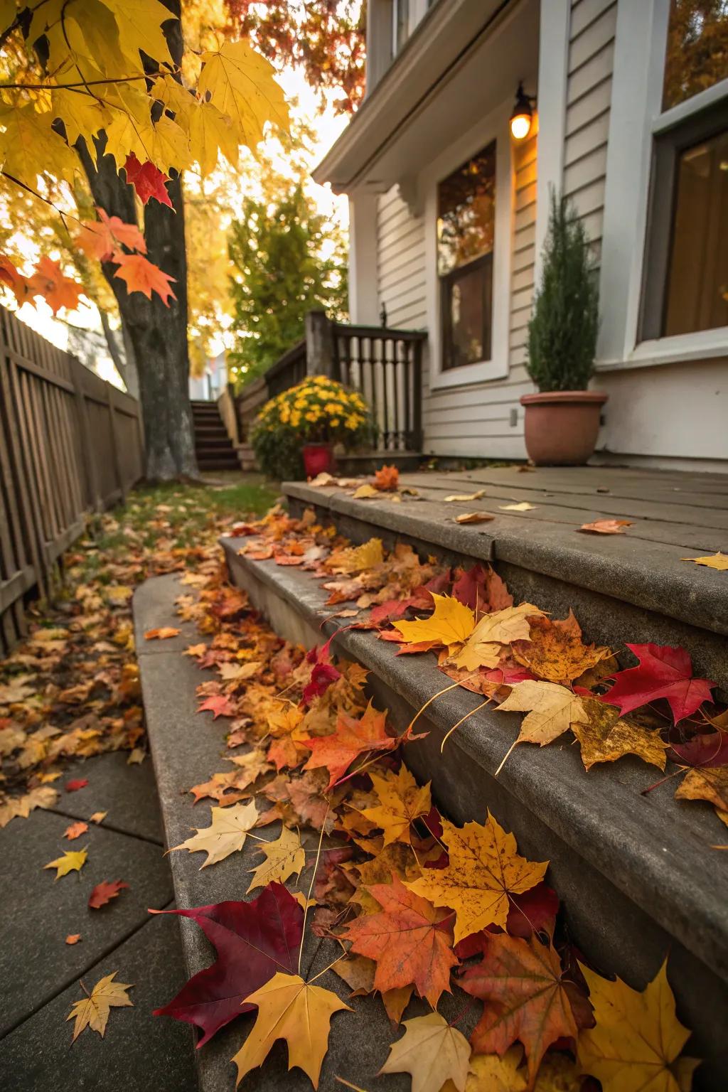 Scattered fall foliage adds a vibrant and natural touch to the steps.
