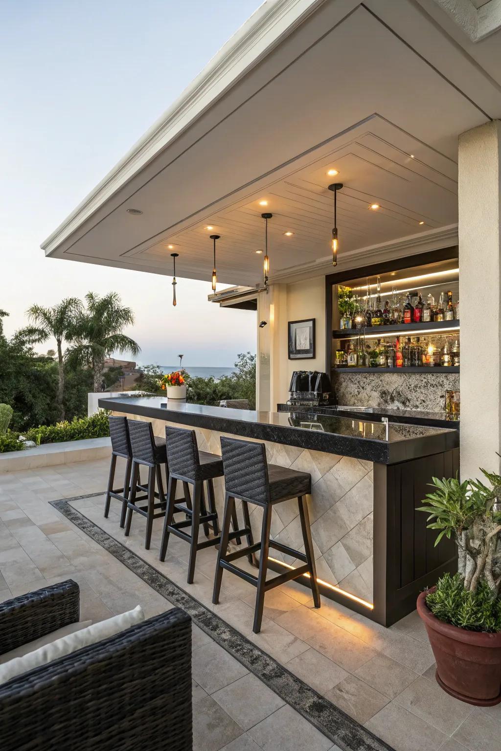 A built-in bar makes entertaining effortless.
