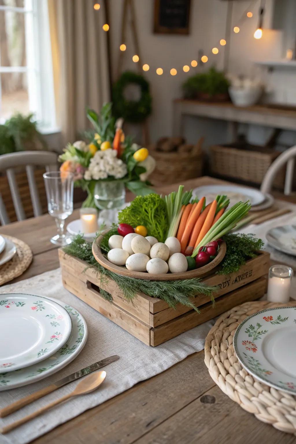 An edible vegetable centerpiece adds a healthy twist to the Easter decor.