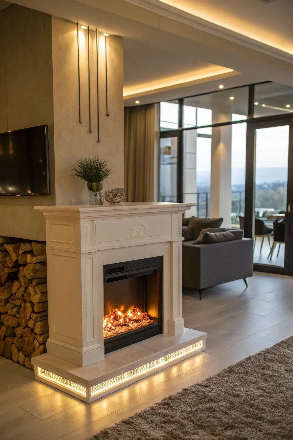 An artificial fireplace with LED lights for a realistic warm glow effect.