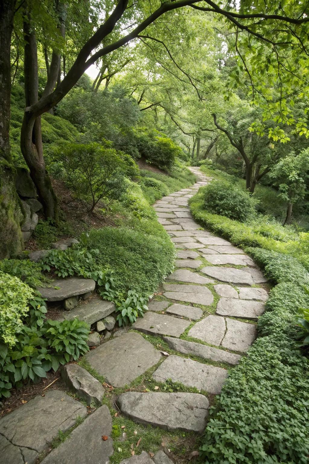 A naturally mixed slate path that complements its surroundings.