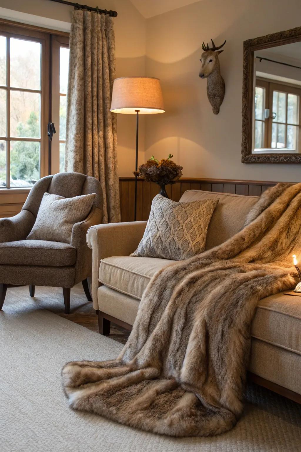 Imitation fur elements that bring luxury and warmth to this inviting living area.