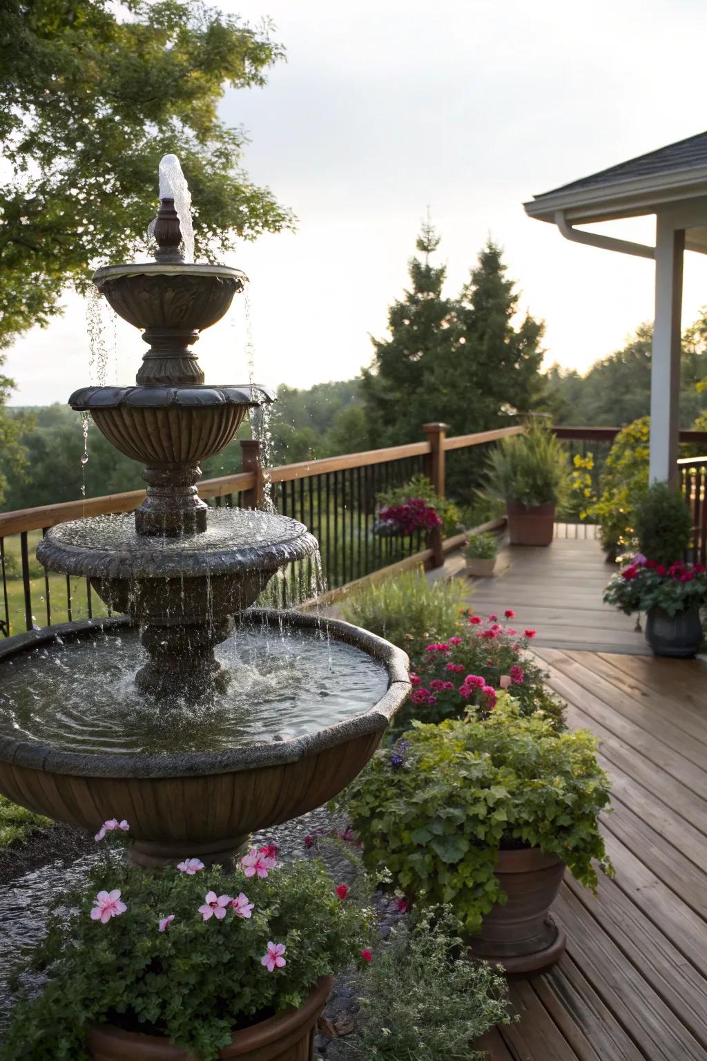 A small water fountain adding ambiance near an elevated deck.