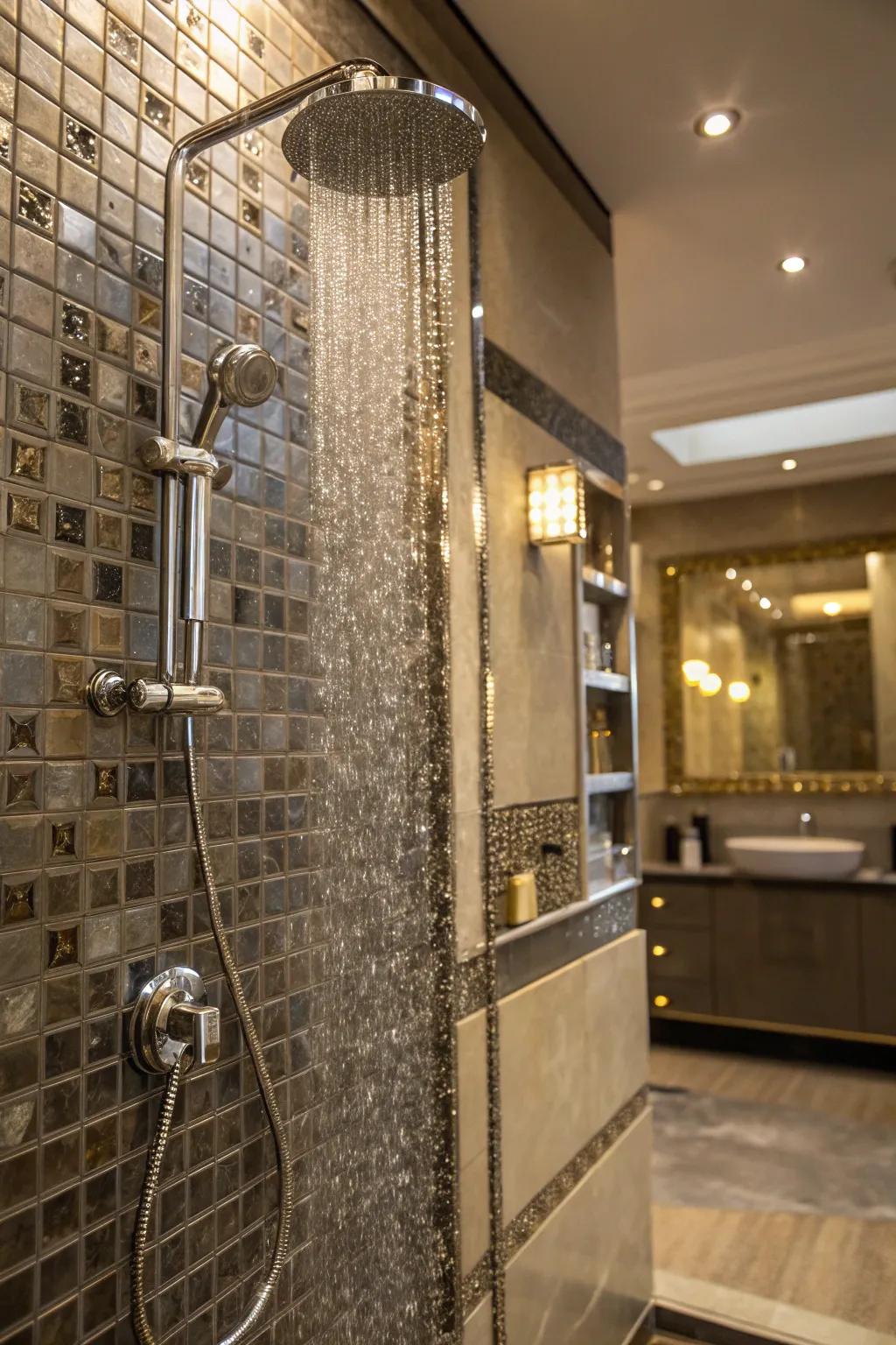 A shower featuring metallic accent stones for added elegance and glamour.