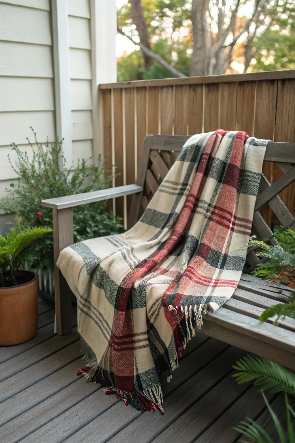 A patterned wrap adds warmth and texture to the outdoor seating.