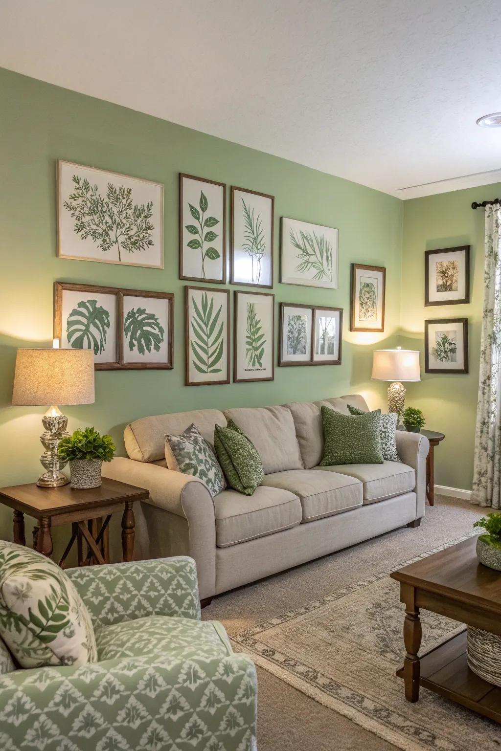 A living room where sage green wall design ties the decor together.