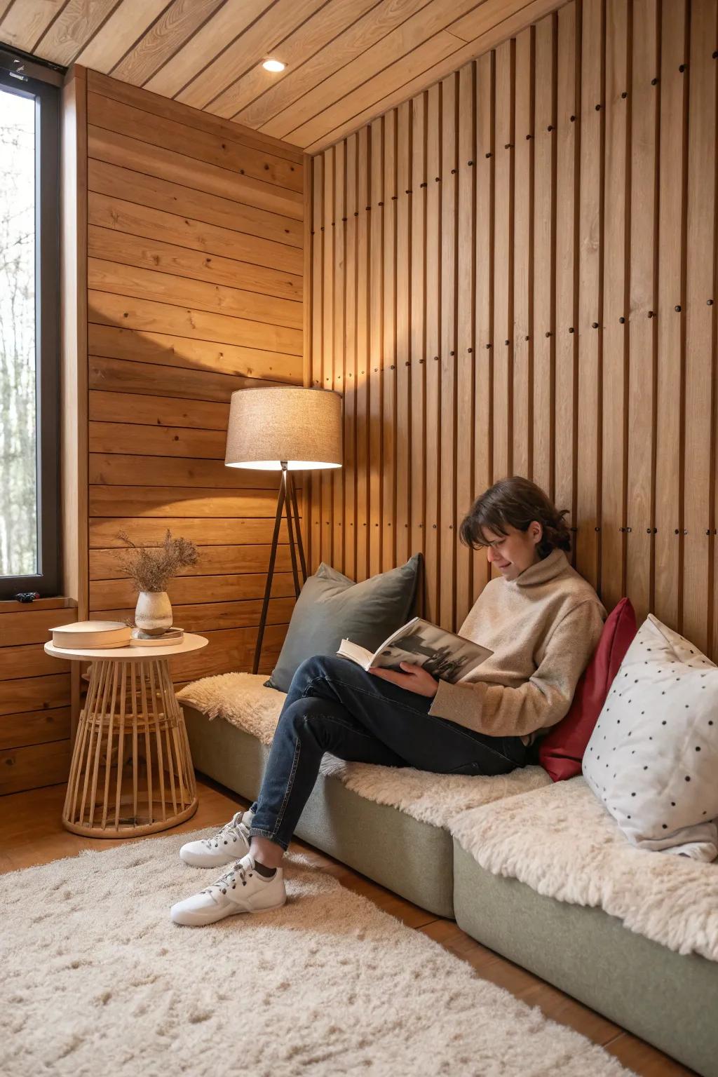 A cozy reading space is enhanced by a warm wood plank wall.