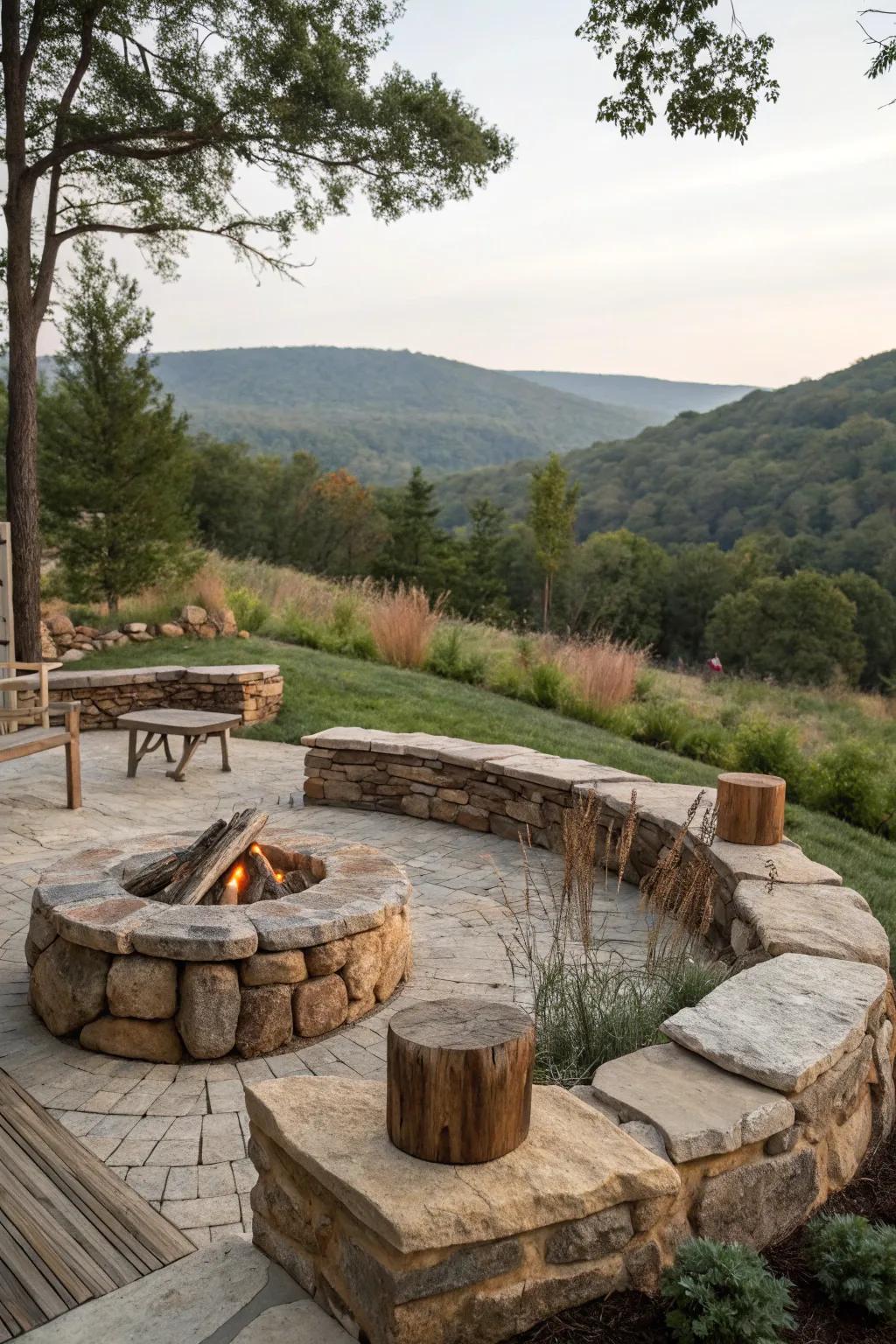 Natural stone and wood create a fire pit area that feels part of the landscape.