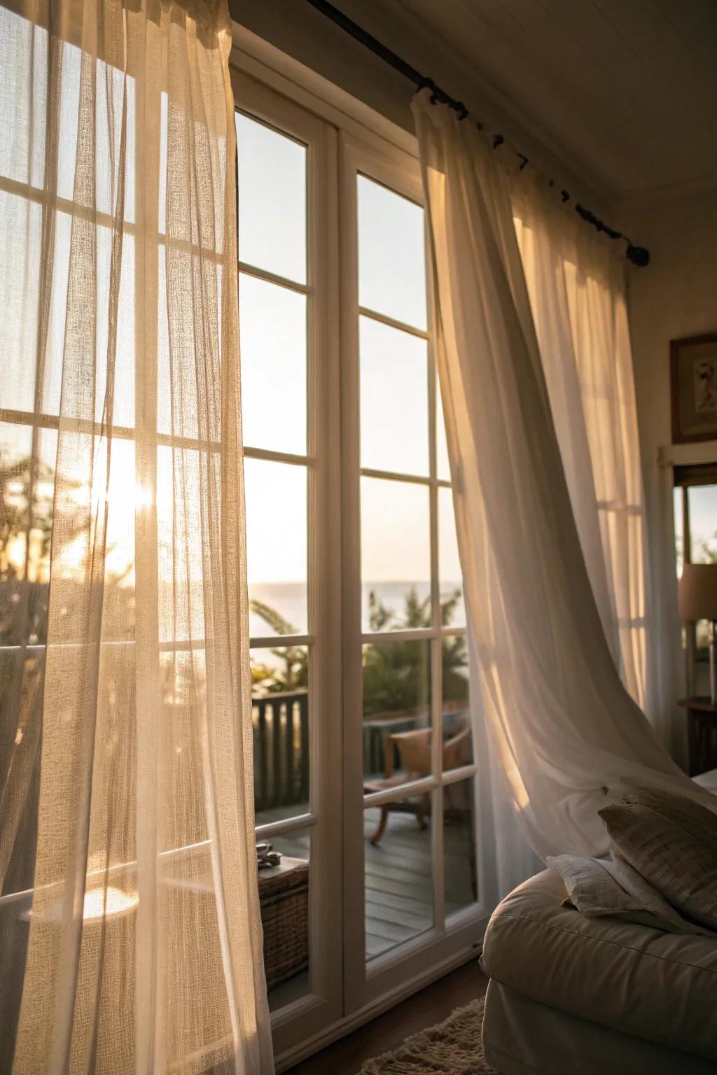 See-through window coverings allow soft sunshine, creating a warm spring ambiance.