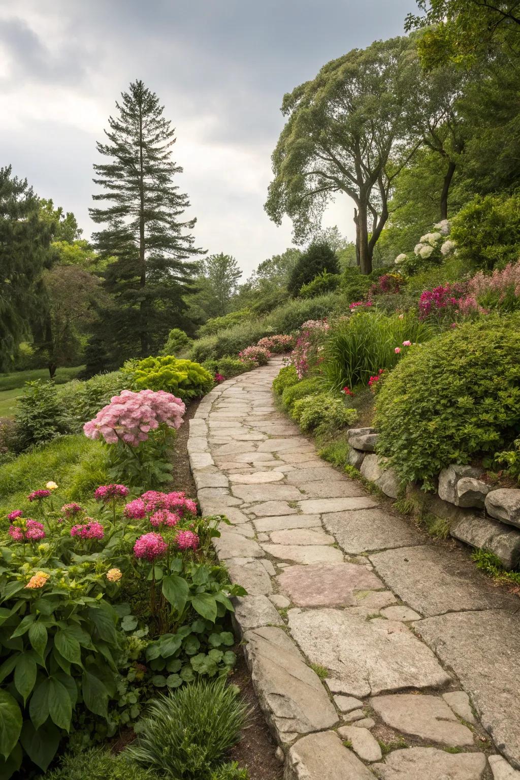 Natural stone edging elegantly frames your garden path.
