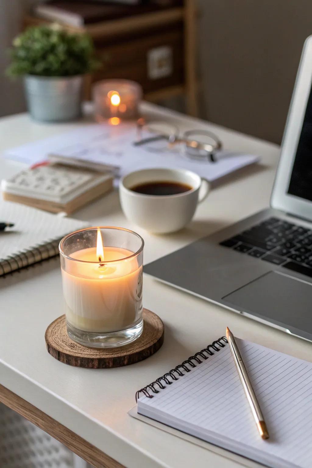 A scented candle contributing a soothing fragrance to the workspace.