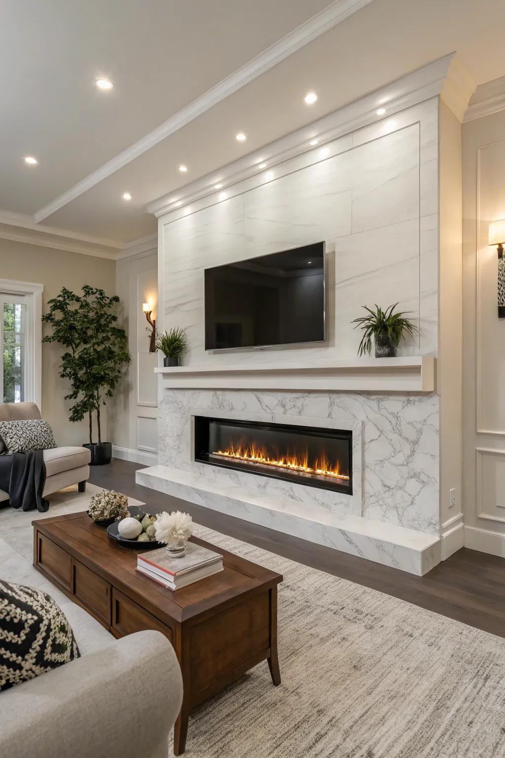 A recessed fireplace creates a modern, elegant look.