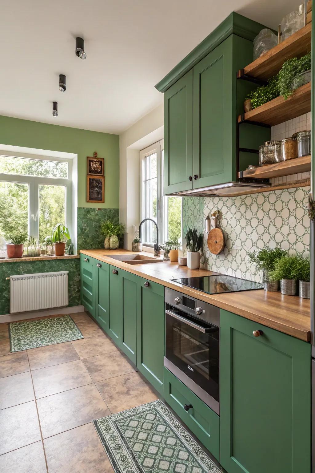A green feature wall creating a vibrant backdrop in the kitchen space.